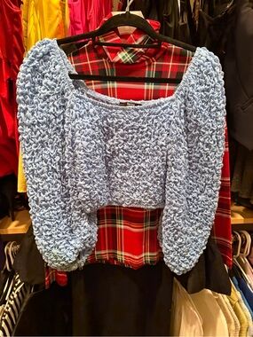 Bershka Light Blue Ruched Puff-Sleeve Off-Shoulder Crop Sweater